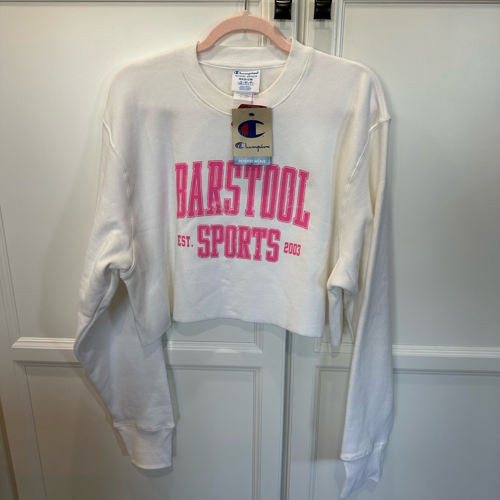 NWT M BARSTOOL Champion White Cropped Sweatshirt with Pink Print